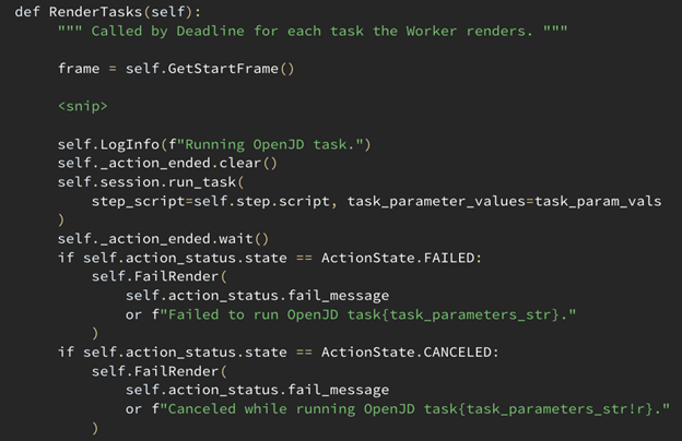 Code snippet showing the RenderTasks method from the OpenJD plugin for Thinkbox Deadline 10. This method is called by Deadline to execute the actual rendering work for the job. It logs the start of the OpenJD task, clears previous action statuses, and then calls the run_task method from the OpenJD session.