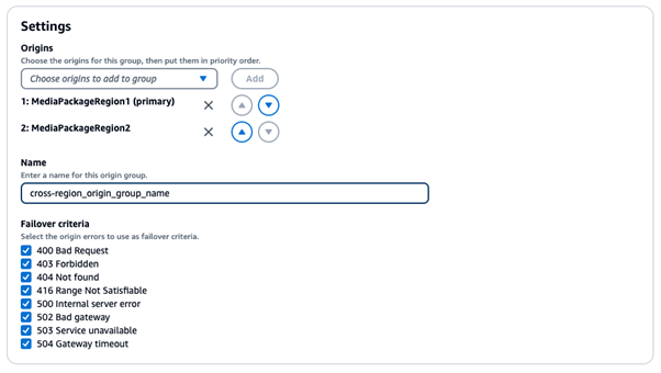 A screenshot of the CloudFront origin group configuration. It has two MediaPackage origins configured, the primary is the first in the list. There is a free text box to define the group name and a list of 4xx and 5xx HTTP error codes, all of which have been enabled to trigger failover.