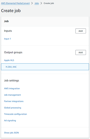In the AWS Management Console for AWS Elemental MediaConvert under Create job settings, select the encoding output group.