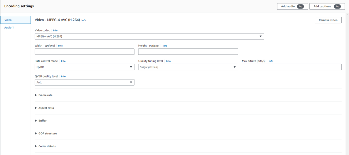 In the AWS Management Console for AWS Elemental MediaConvert under encoding settings, expand the dropdown codec details.