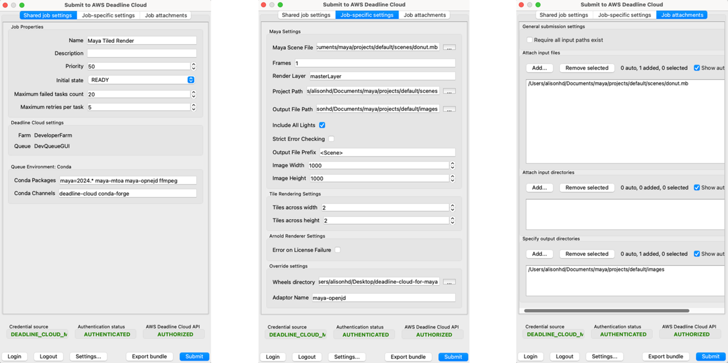 Example of “shared job settings”, “job-specific settings”, and “job attachments” GUI submission settings for a tile rendering job