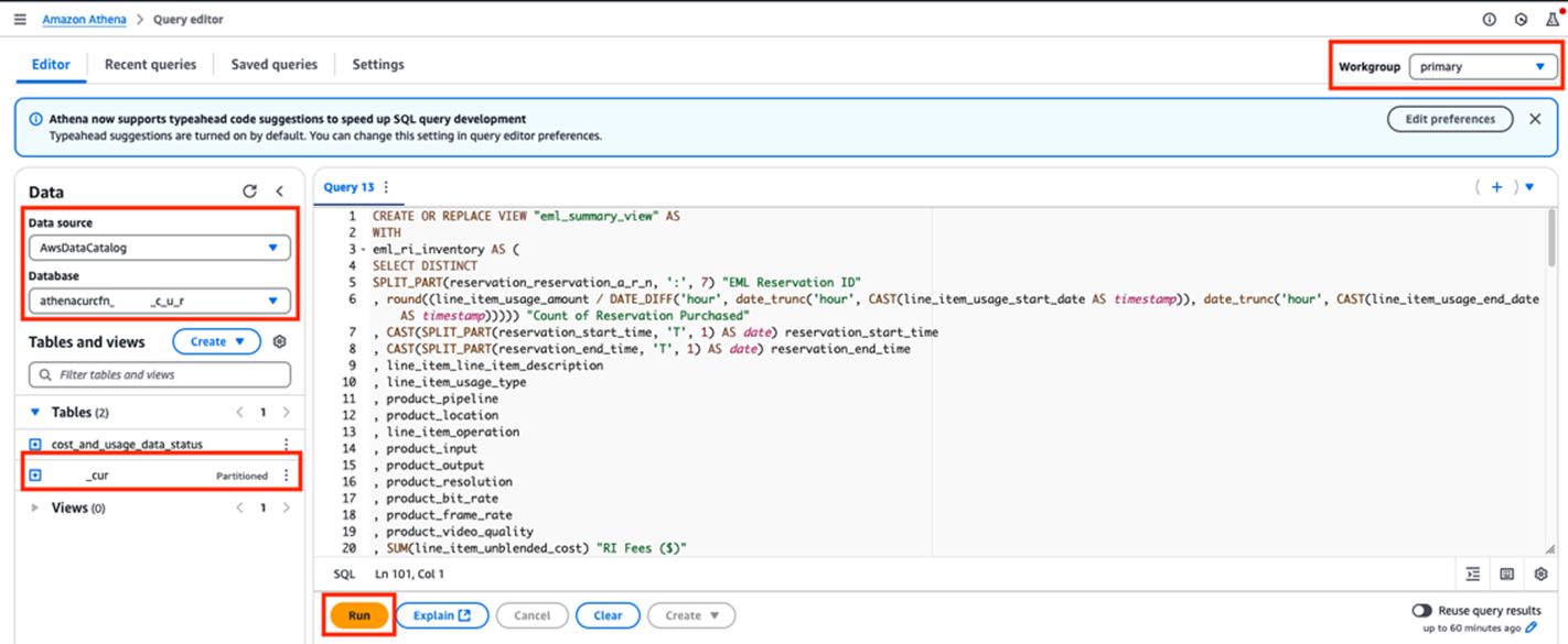 Amazon Athena query editor interface showing SQL code to create a view named "eml_summary_view". The code includes a "CREATE OR REPLACE VIEW" statement at the top, followed by a complex query for analyzing AWS Elemental MediaLive reservation utilization data from the AWS Cost and Usage Report.