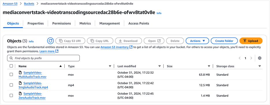 Media files with a different number of audio tracks uploaded to source S3 bucket for transcoding.