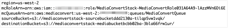 List of key/value pairs in config.properties. Values are set using the AWS resource IDs outputted when the MediaConvert stack is deployed.