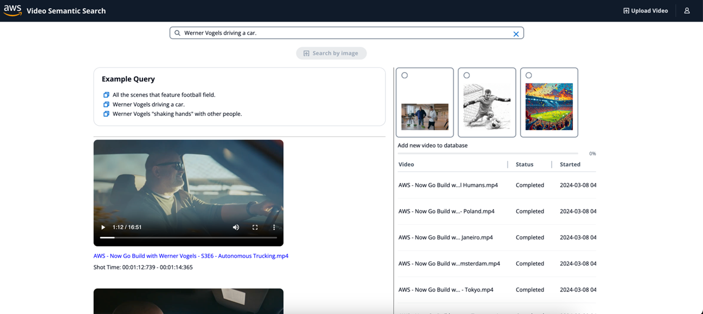 Example search results from the video semantic search. It shows the following search in the search bar at the top: Werner Vogels driving a car. Underneath the search shows the video clips which meet this search criteria.