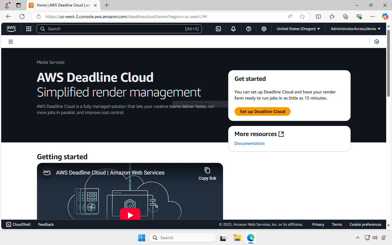 Screenshot of the AWS Deadline Cloud console landing page.