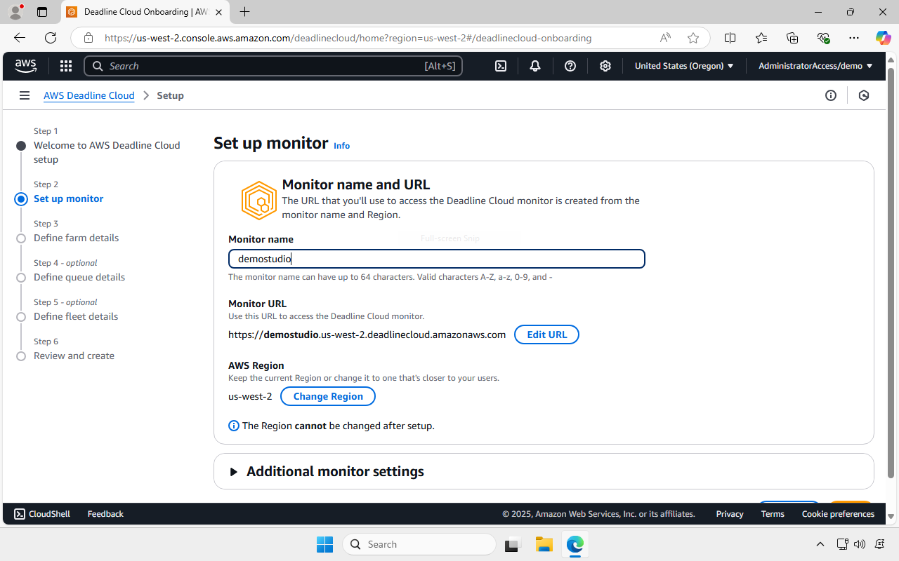 Screenshot of the AWS Deadline Cloud quick start page for setting up a monitor. Under the Monitor name area "demostudio" has been entered.