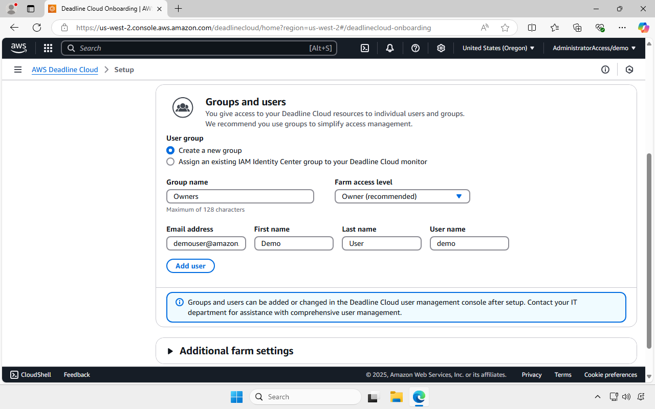 Screenshot of the AWS Deadline Cloud quick start page for creating the initial user and group. Create a new group is selected, with the Group name being designated as Owners. The Farm access level has Owner (recommended) selected. A First, Last and User name of Demo, User and Demo have been entered, along with an email address for the user.