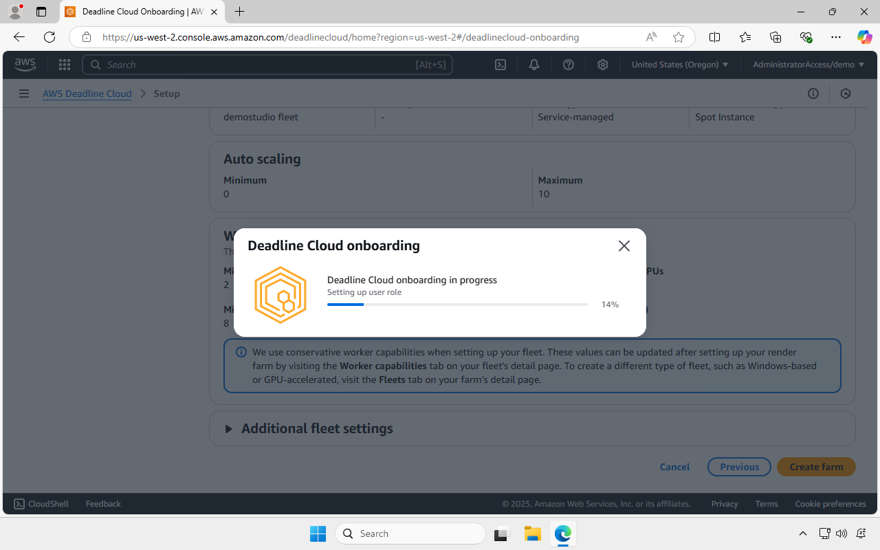 Screenshot of the AWS Deadline Cloud quick start flow showing a progress bar while resources are created.