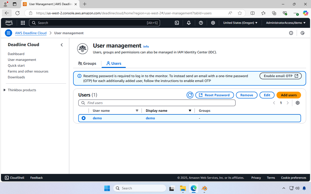 Screenshot of the AWS Deadline Cloud console page for user management. There’s a button for Reset Password. From the list of Users, Demo (who was setup in Figure 3) is selected.