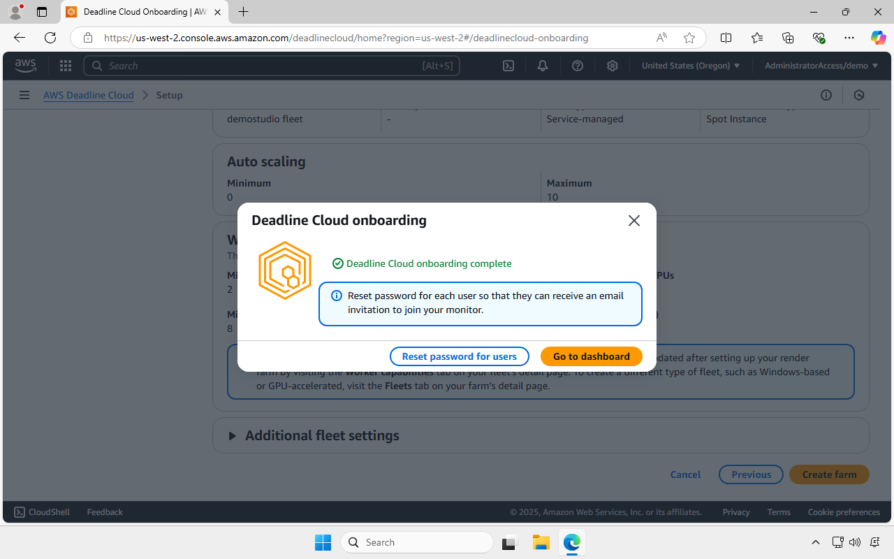 Screenshot of the AWS Deadline Cloud quick start flow having finished creating resources, with a blue information area underneath it. There’s a button for Reset password for users and a button for Go to dashboard.