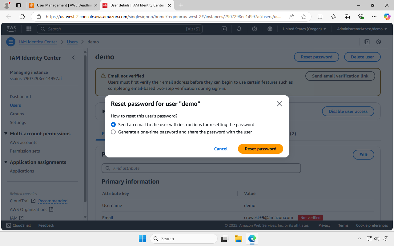 Screenshot of a window in the AWS IAM Identity Center console page for Resettting a password. The option for emailing reset instruction is selected.