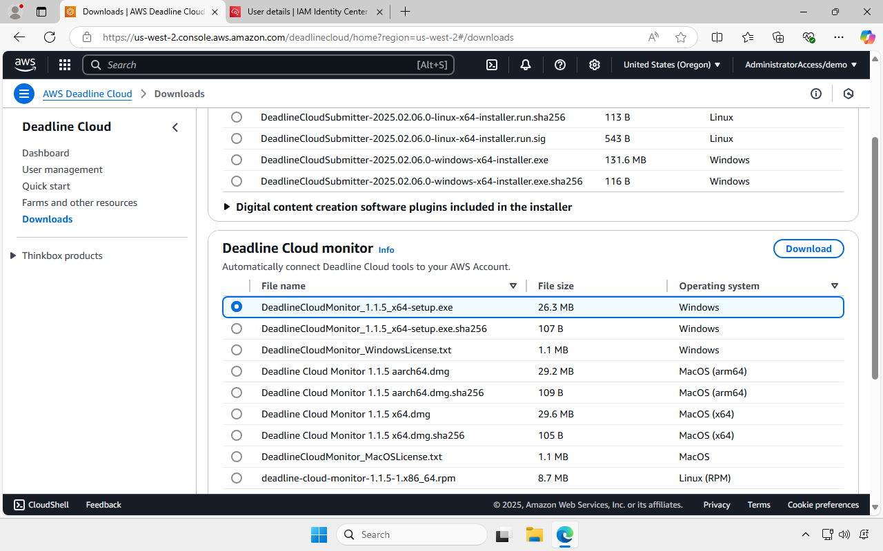 Screenshot of the downloads page in the AWS Deadline Cloud console. DeadlineCloudMonitor_1.1.4_x64-setup.exe is selected for this example. There is a Download button in the upper right side corner to the Deadline Cloud monitor area.
