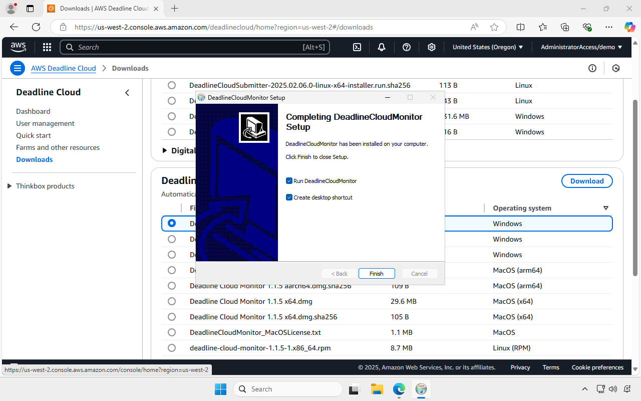 Screenshot of the Deadline Cloud monitor installer. The install has finished. A pop-up window shows the option for Run DeadlineCloudMonitor is selected along with Create desktop shortcut. the button Finish is being selected.