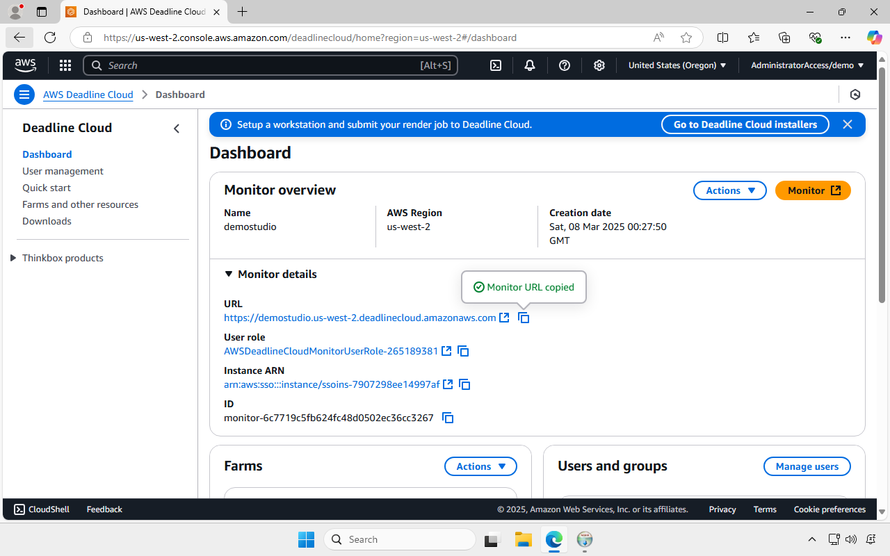 Screenshot of the AWS Deadline Cloud console dashboard. The monitor URL is visible under Monitor details. There is an icon you can click at the end of the URL for copying the information.