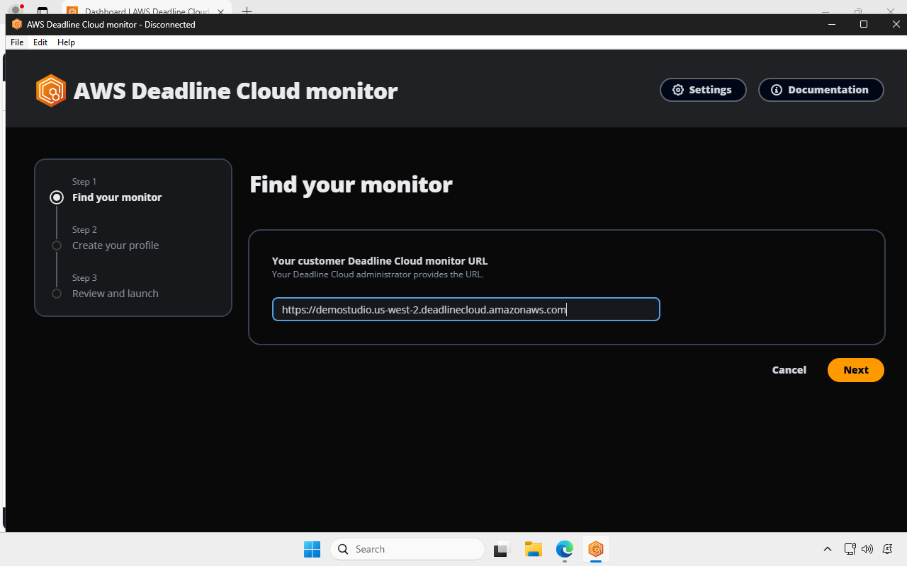 Screenshot of Deadline Cloud monitor initial page. The title is “Find your monitor” and the monitor URL has been pasted into the URL input area. The Next button is being selected.