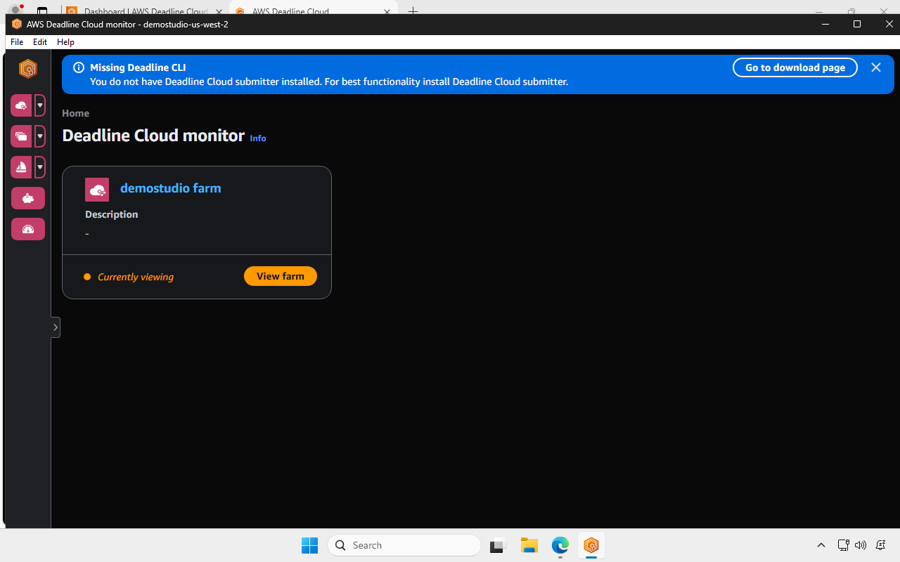 Screenshot of Deadline Cloud monitor showing the farm that was created earlier.