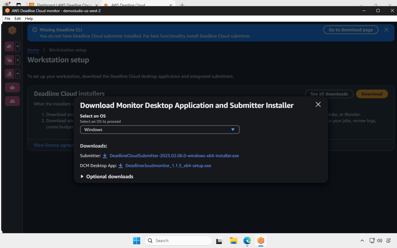 Screenshot of the Deadline Cloud monitor Workstation setup page. There’s a link for downloading the submitter installer. Within the select OS to proceed area Windows has been selected for this example.