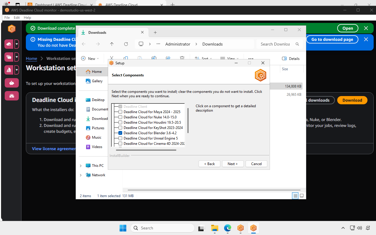Screenshot of the submitter installer. The install shows checkboxes next to the installable integrations. The box next to Blender is checked.