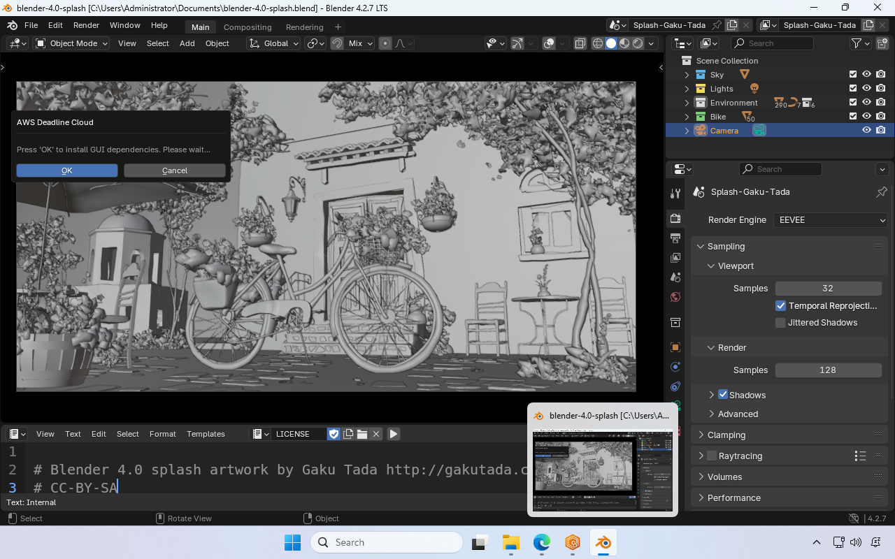 Screenshot of Blender with a pop-up window asking to install GUI, the submitter’s GUI dependencies. There’s a button for OK.