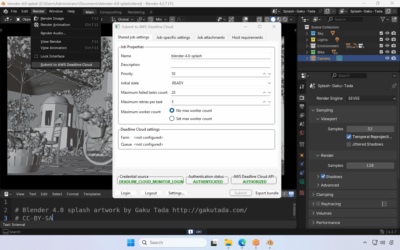 Figure 23 Blender: Viewing the submitter options. The farm and queue are not yet set.