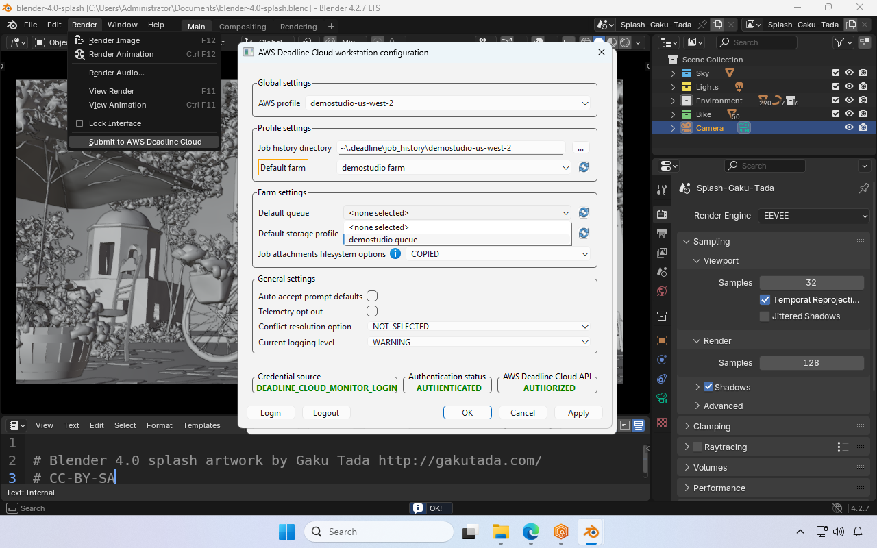 Screenshot in Blender of the submitter settings. The default farm and queue are being set from dropdown menus. Our examples medostudio farm and demostudio queue are selected