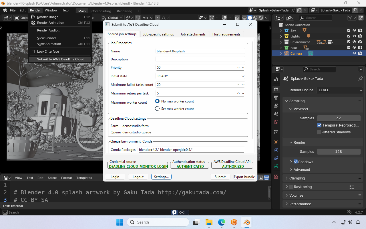 Screenshot in Blender of the submitter. The farm and queue are now set with our example farm and queue.