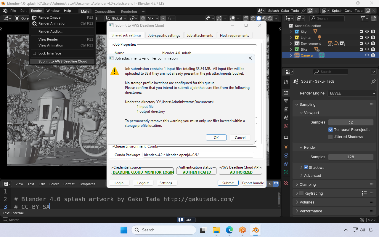 Screenshot in Blender of the submitter which shows an alert. The alert says that files will be uploaded as part of the submission.