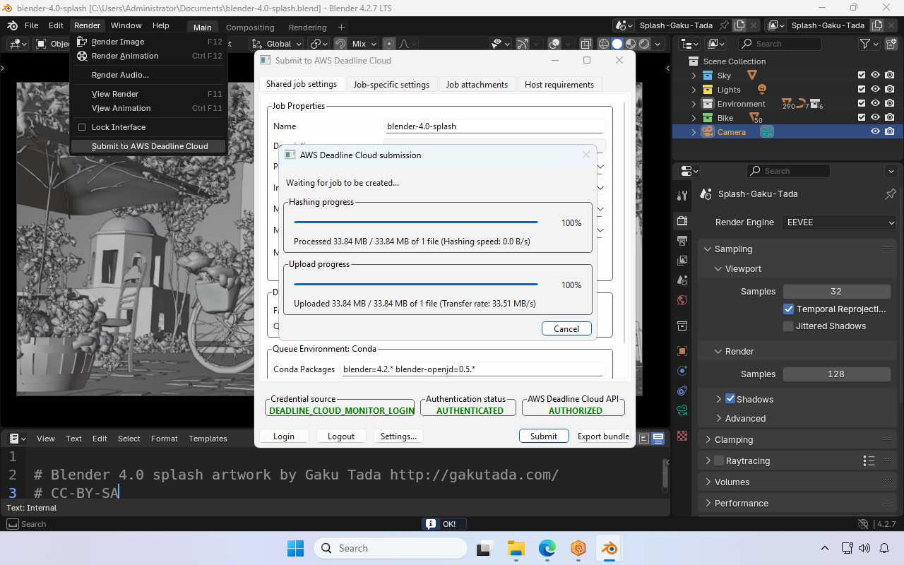 Screenshot in Blender of the submitter as it hashes and uploads asset files.