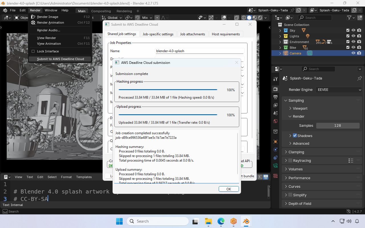 Screenshot in Blender of the submitter when it has finished uploading files. The files state 100%. There’s a button for OK located in the bottom right corner of the window.
