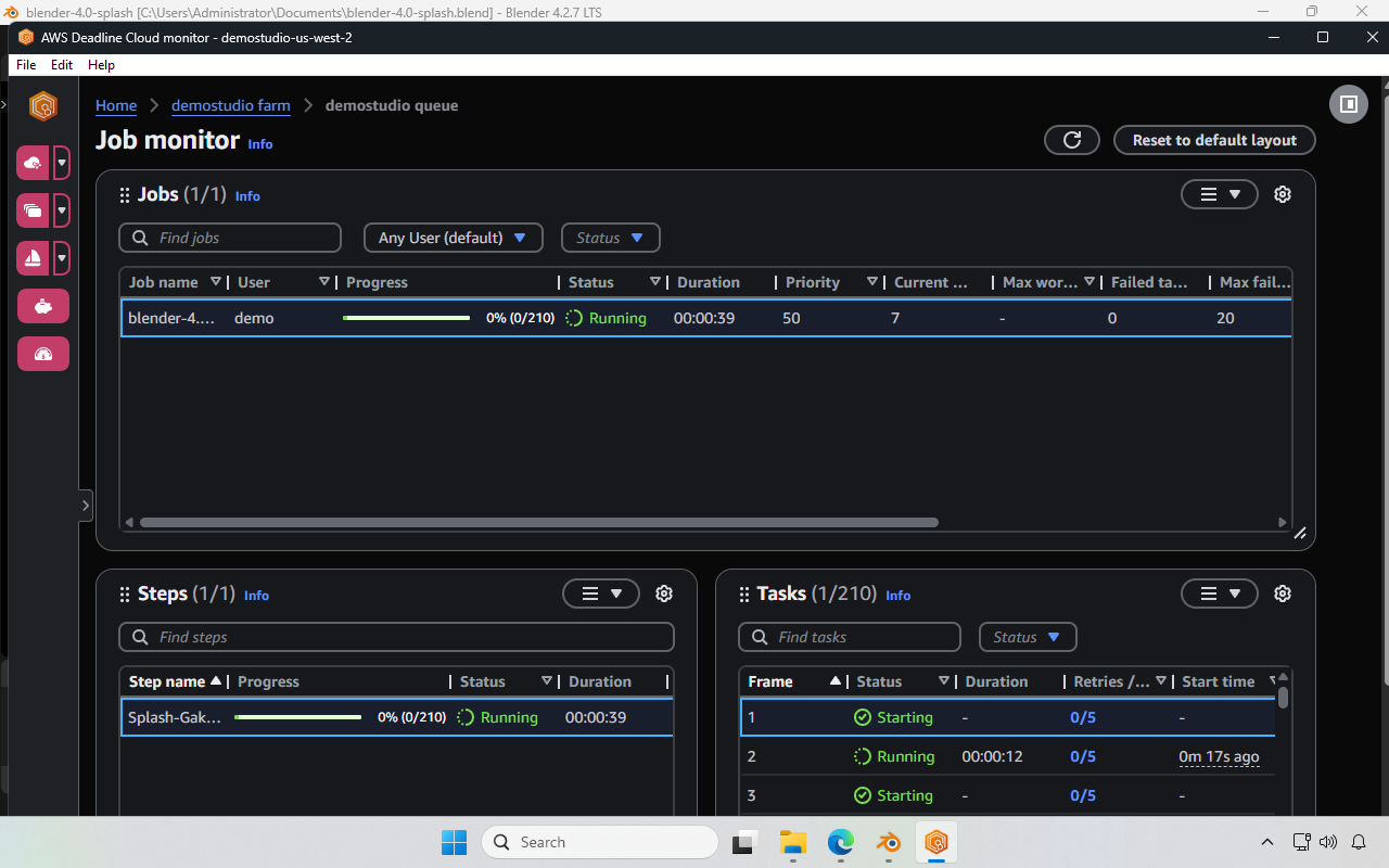 Screenshot of the Deadline Cloud Monitor showing the new job in queue. The job’s status is “Starting”. This job has 1 step and 3 tasks. Two of the tasks have started running.
