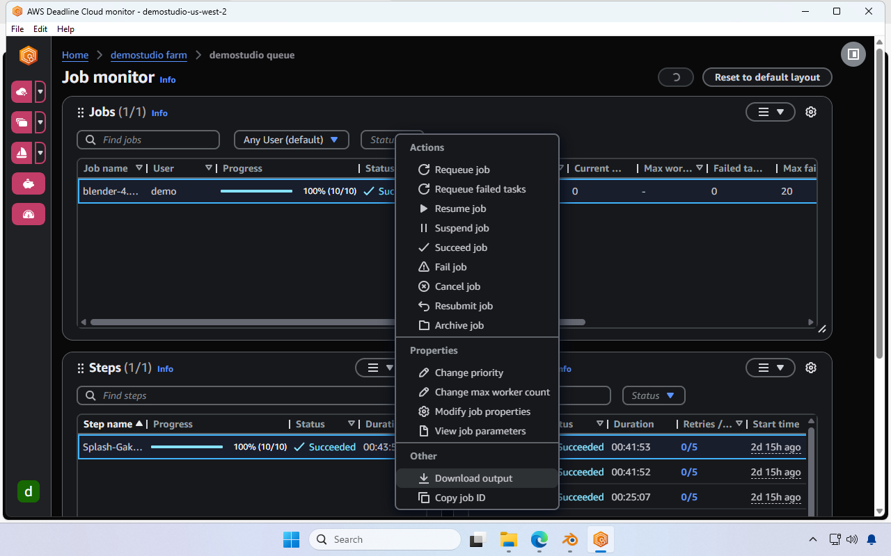 Screenshot of the Deadline Cloud Monitor showing a menu open on the Succeeded job. The Download output option is selected.