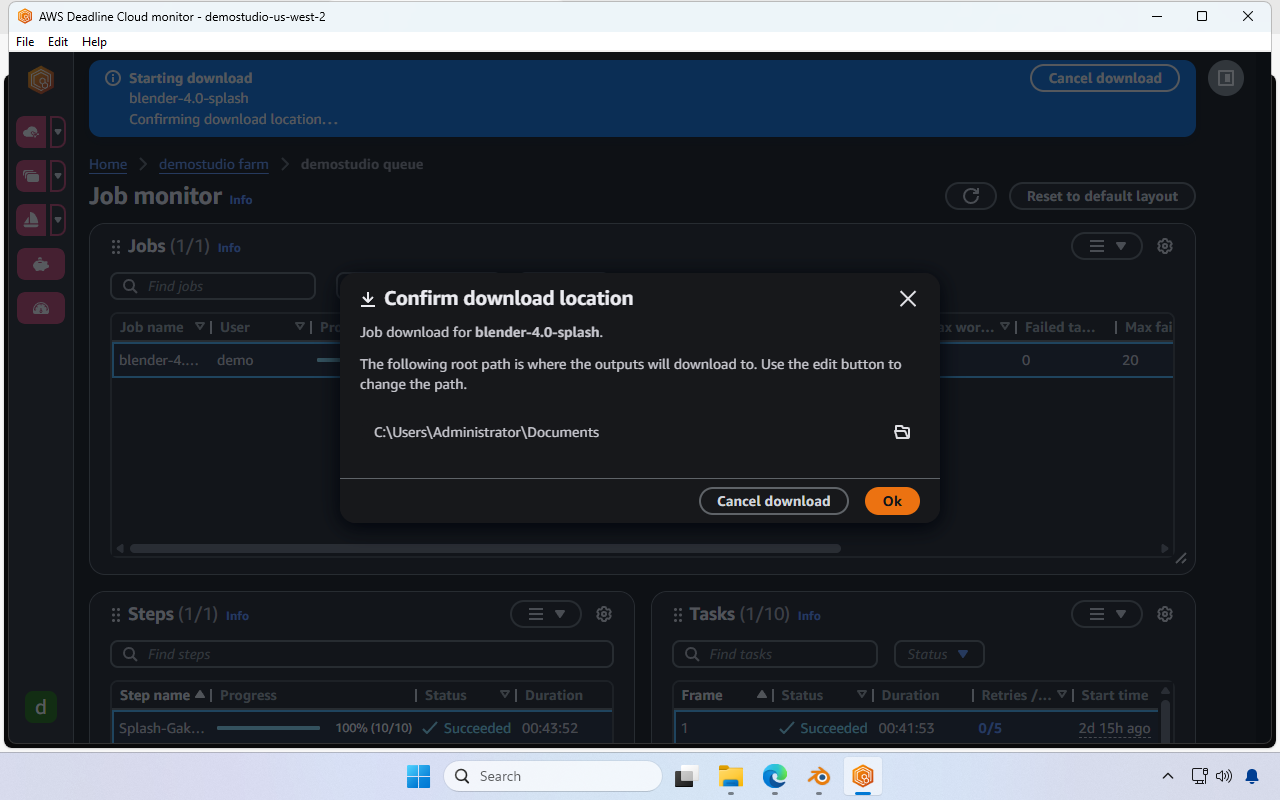 Screenshot of a window titled “Confirm download location” in the Deadline Cloud Monitor.