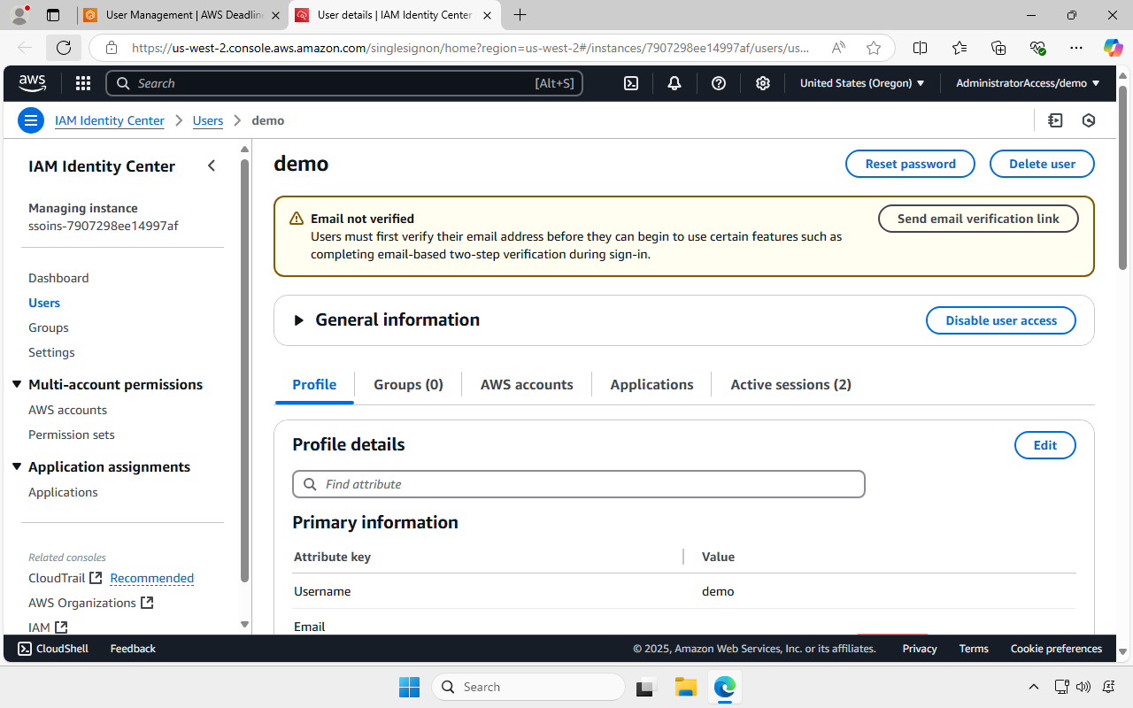 Screenshot of a window in the AWS IAM Identity Center console page for Resettting a password. The option for emailing reset instruction is selected.