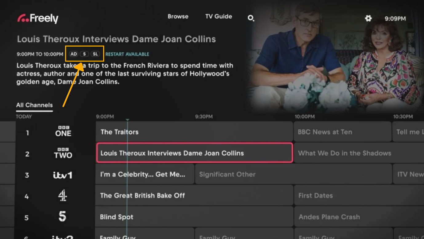 Example of how accessibility features supported for a program in an Electronic Program guide, shown on a TV menu, with pointer towards the Audio Description, Subtitles and Sign Language indicators.