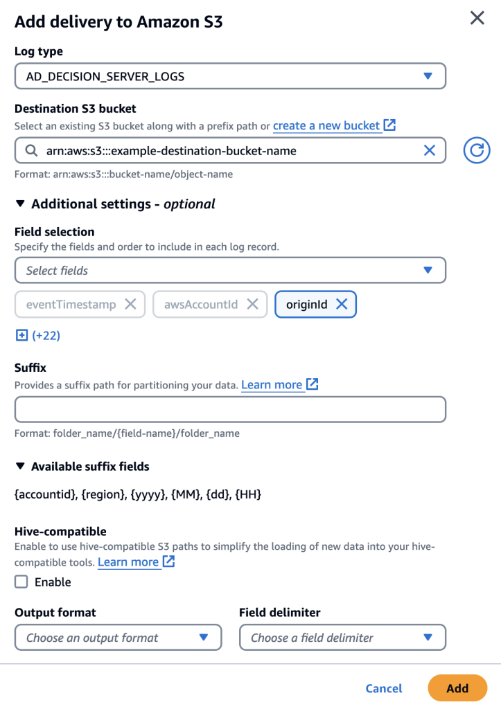 Example of Vended Logs configuration delivery to an S3 bucket (example shows arn:aws:s3:::example-destination-bucket-name being used). User will provide the S3 bucket ARN of their choice and logs will be vended directly to that bucket. This image shows that AD_DECISION_SERVER_LOGS will be vended.