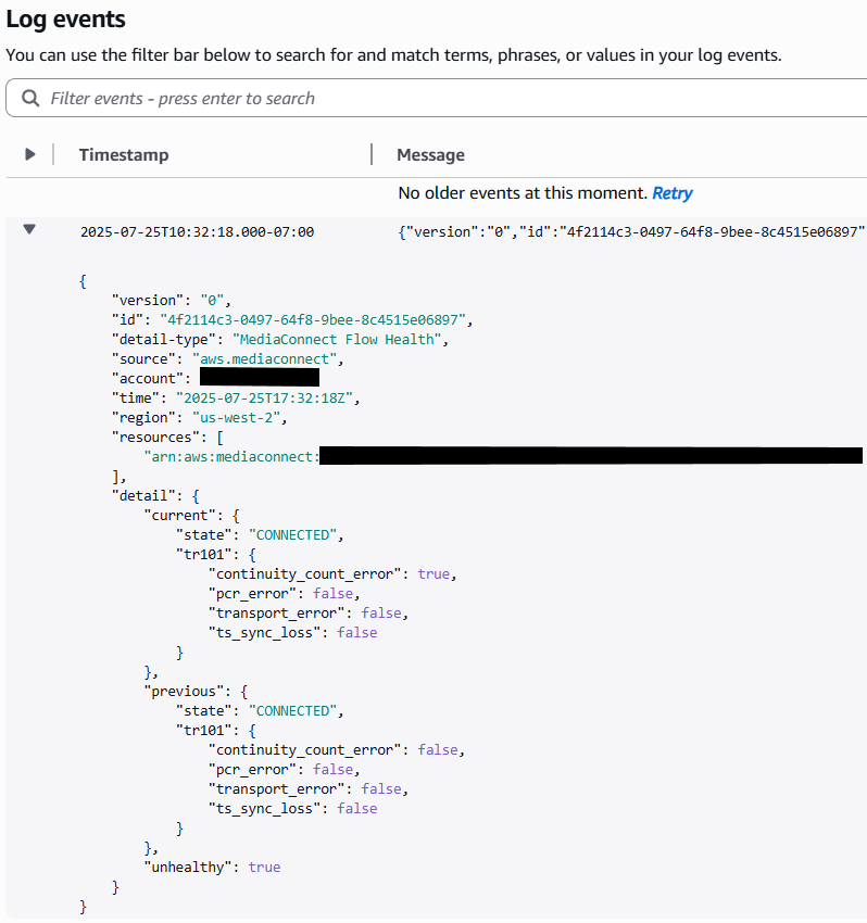 Screenshot of MediaConnect Flow Health Event captured in CloudWatch logs showing there were continuity counter errors in the incoming transport stream. Account and recourse name are blurred for security reasons. Under Detail, Current, “continuity_count_error”: true can clearly be seen.