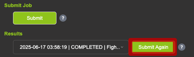 Screenshot showing a web interface for submitting and managing jobs. The top section contains a green “Submit” button for starting a job. Below, in the “Results” section, a previously completed job is listed with its date, time, and status marked as “COMPLETED.” To the right, a highlighted green “Submit Again” button allows the user to resubmit the job, bordered by a red outline for emphasis.