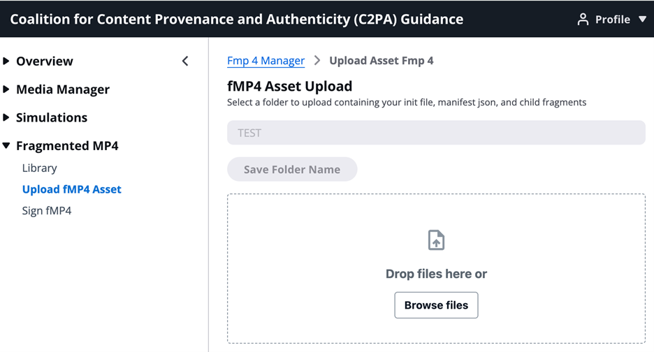 Screenshot of an fMP4 file upload interface with a drag-and-drop area. The interface displays 'Drop files here or Browse files' in a dashed border box, with upload options and navigation menu visible.