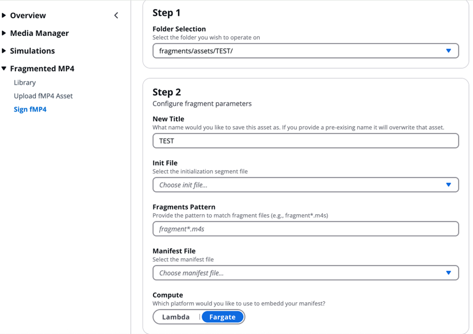 Screenshot of a two-step configuration interface for fMP4 asset management. Step 1 shows folder selection, and Step 2 includes fields for New Title, Init File, Fragments Pattern, Manifest File, and Compute options with Lambda and Fargate platforms.