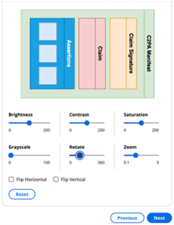 Image editing interface showing slider controls for Brightness, Contrast, Saturation, Grayscale, Rotate, and Zoom adjustments, with Reset buttons and Previous/Next navigation options.