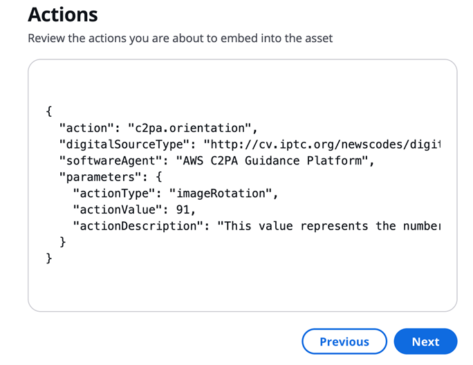 JSON code snippet showing C2PA orientation action configuration with parameters including 'actionType' 'ImageRotation' and 'actionValue' of 91 degrees.