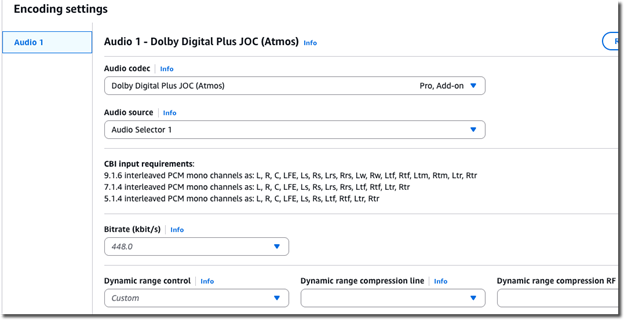 Dolby Atmos configuration on AWS Elemental MediaConvert.