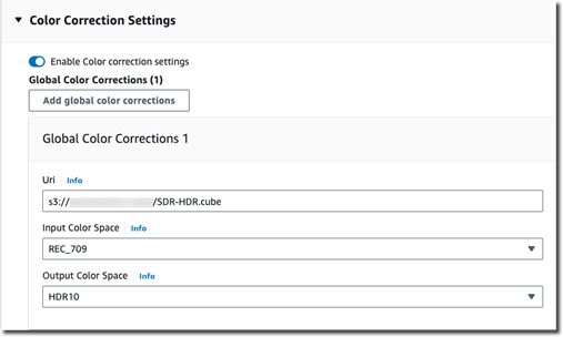 Color Correction Settings and configuration showing the toggle for Enable Color correction settings as "on". A URL for the S3 bucket is designated along with the Input Color Space and Output Color Space.