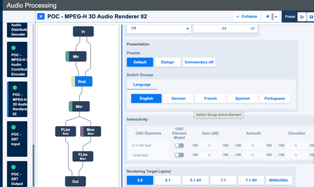 Screenshot of Junger Audio’s felxAI web interface. the screenshot shows Jünger Audio’s flexAI MPEG-H Rendering module and the configurations within for the various presentations. This includes the commentary on and off options, interactivity controls, and commentator language options