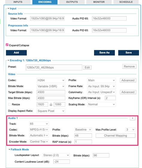 The image is a screen shot of the User Interface of MainConcept’s Live Encoder for AVC and MPEG-H Audio emission encoding. The image shows the audio track configuration, specifically for MPEG-H as the codec