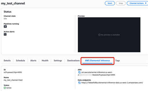 Figure 11: Channel details page showing AWS Elemental Inference tab