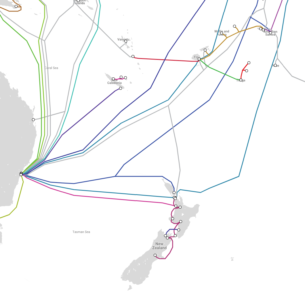A map of major submarine cables connecting to New Zealand.
