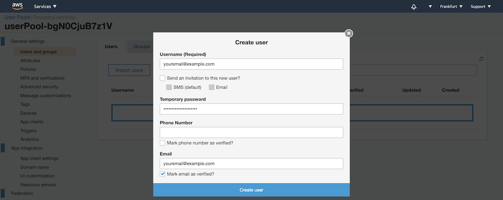 create user dialog of Amazon Cognito User Pools