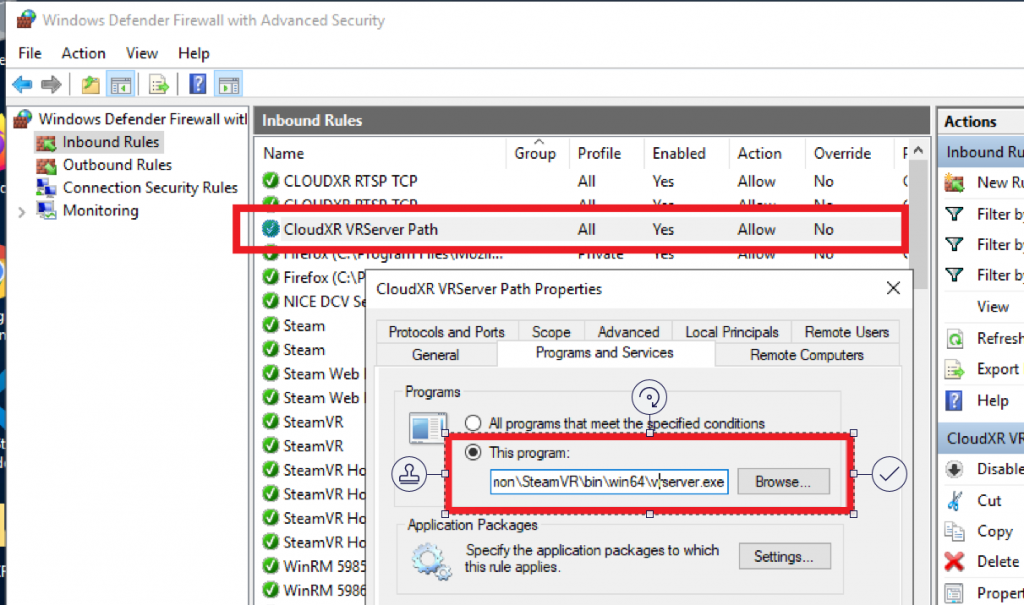 Enabling the VRSERVER.EXE application through the Windows Application Firewall.